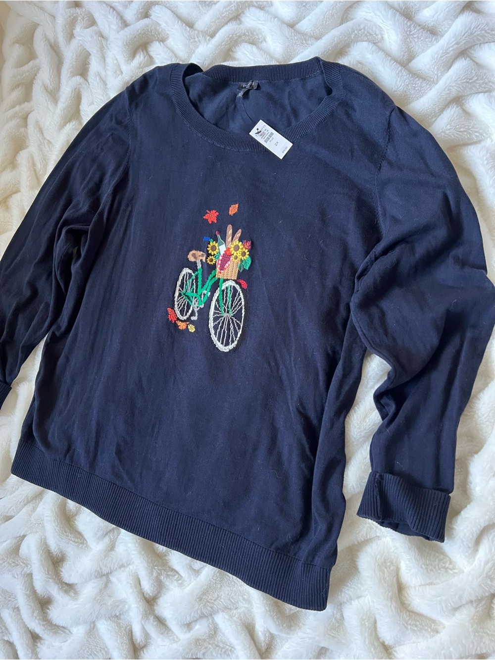 Talbots Navy Crewneck Sweater with Embroidered Bicycle